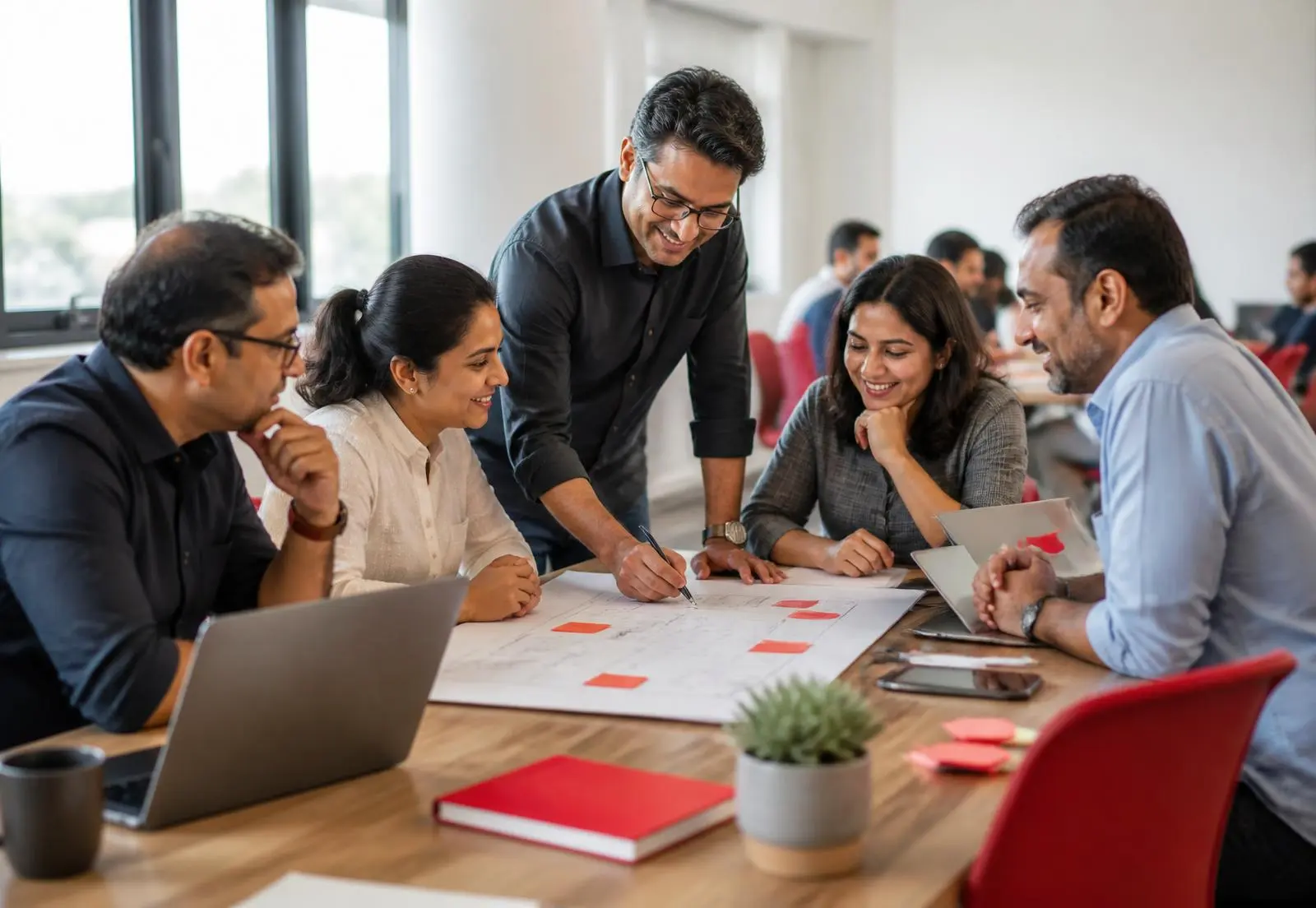 Professionals collaborating on a business plan during an Idea Factory Saturday session at the XIME campus