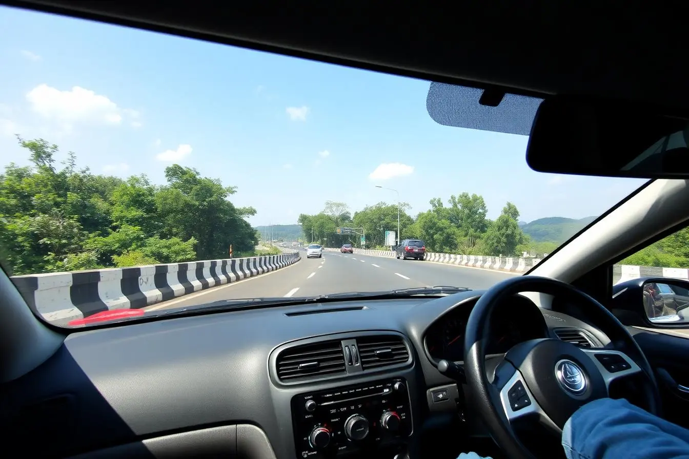 View from a right-hand-drive car on the same Indian highway, driving on the left, on a bright clear day with an open horizon
