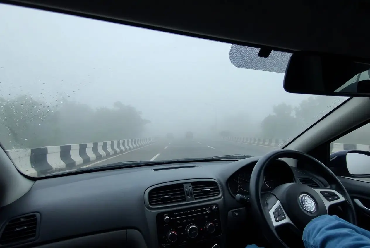 View from a right-hand-drive car on an Indian highway, driving on the left, lost in heavy fog with barely visible lane markings
